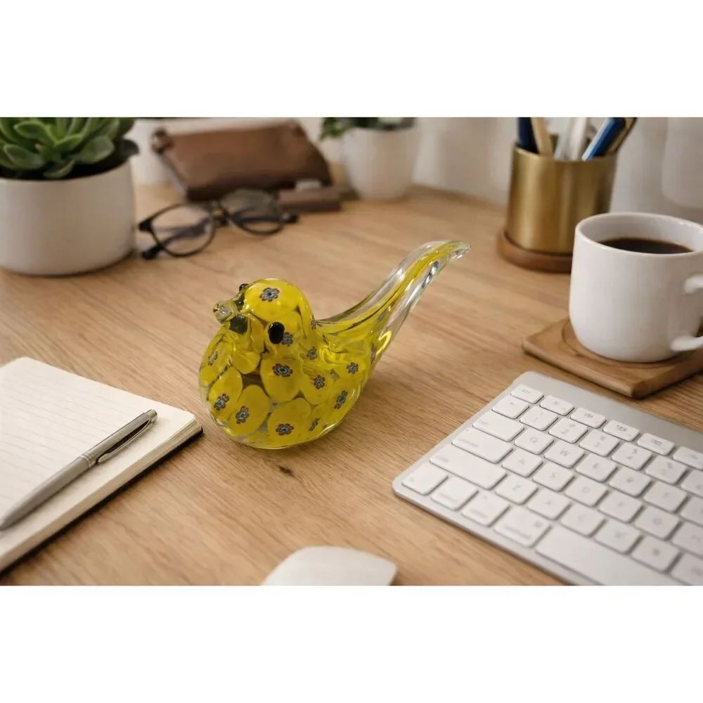 Millefiori Bird Paperweight Figurine Yellow Art Glass 7x4.5” vintage